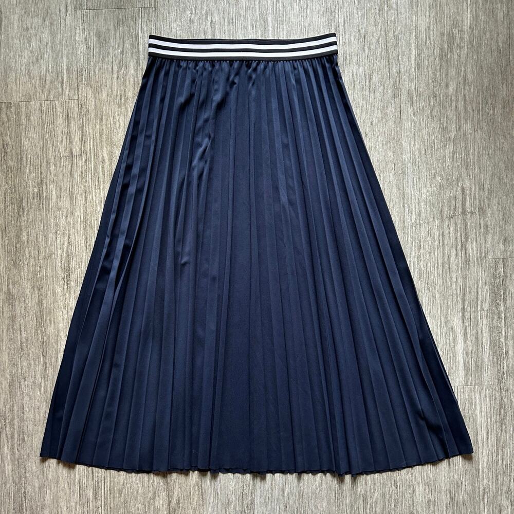Joe Fresh Navy Blue Pleated Striped Elastic Waistband Midi Skirt Size Small